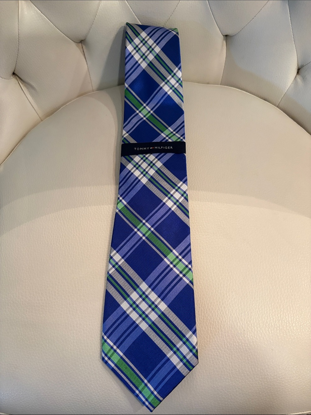 Tommy Hilfiger Royal Blue Plaid Silk Tie with Green & White Accents